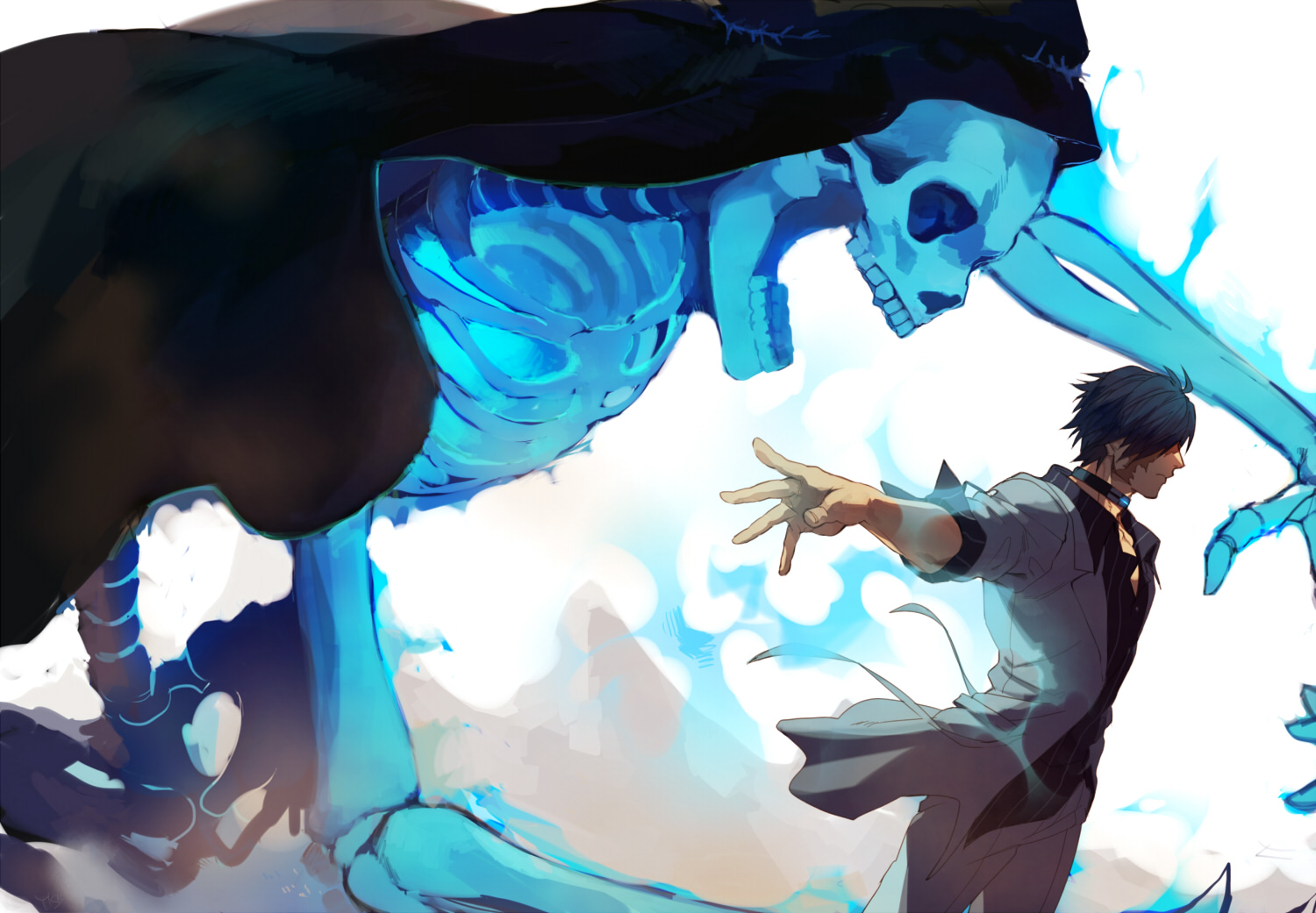 all_male, black_hair, closers, collar, hood, magic, male, scar, shirt, short_hair, skull, suit, tagme_(artist), trainer_(closers)