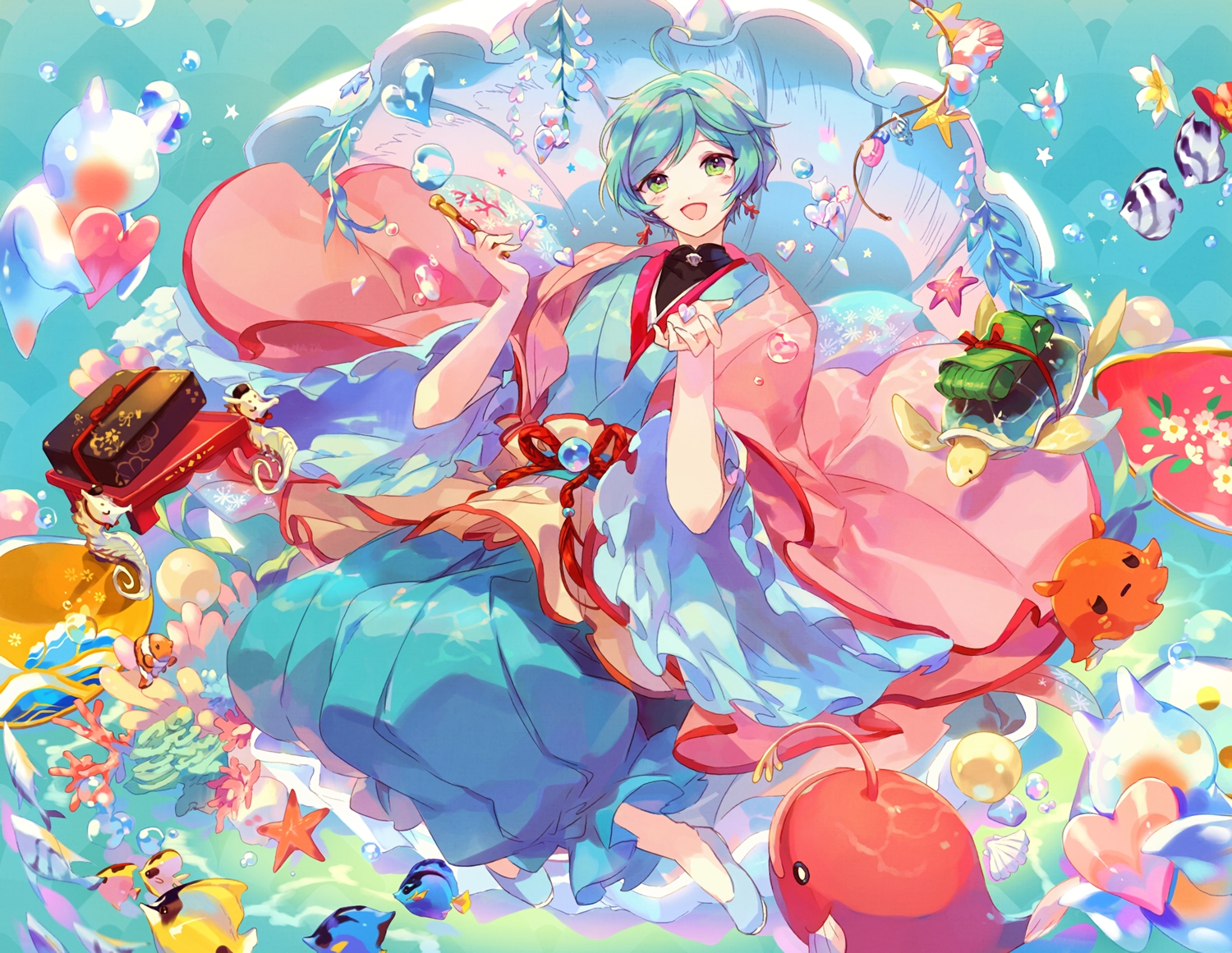 all_male, animal, aqua_hair, bubbles, cape, ensemble_stars!, fish, green_eyes, heart, japanese_clothes, male, shinkai_kanata, short_hair, underwater, waifu2x, water, welchino