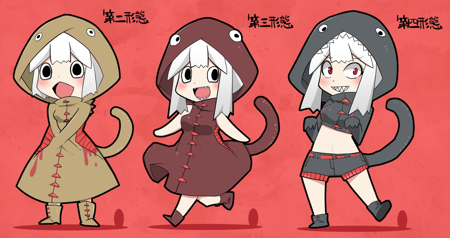 anthropomorphism, black_eyes, boots, chibi, godzilla_(series), hood, iriomot_uminek, red_eyes