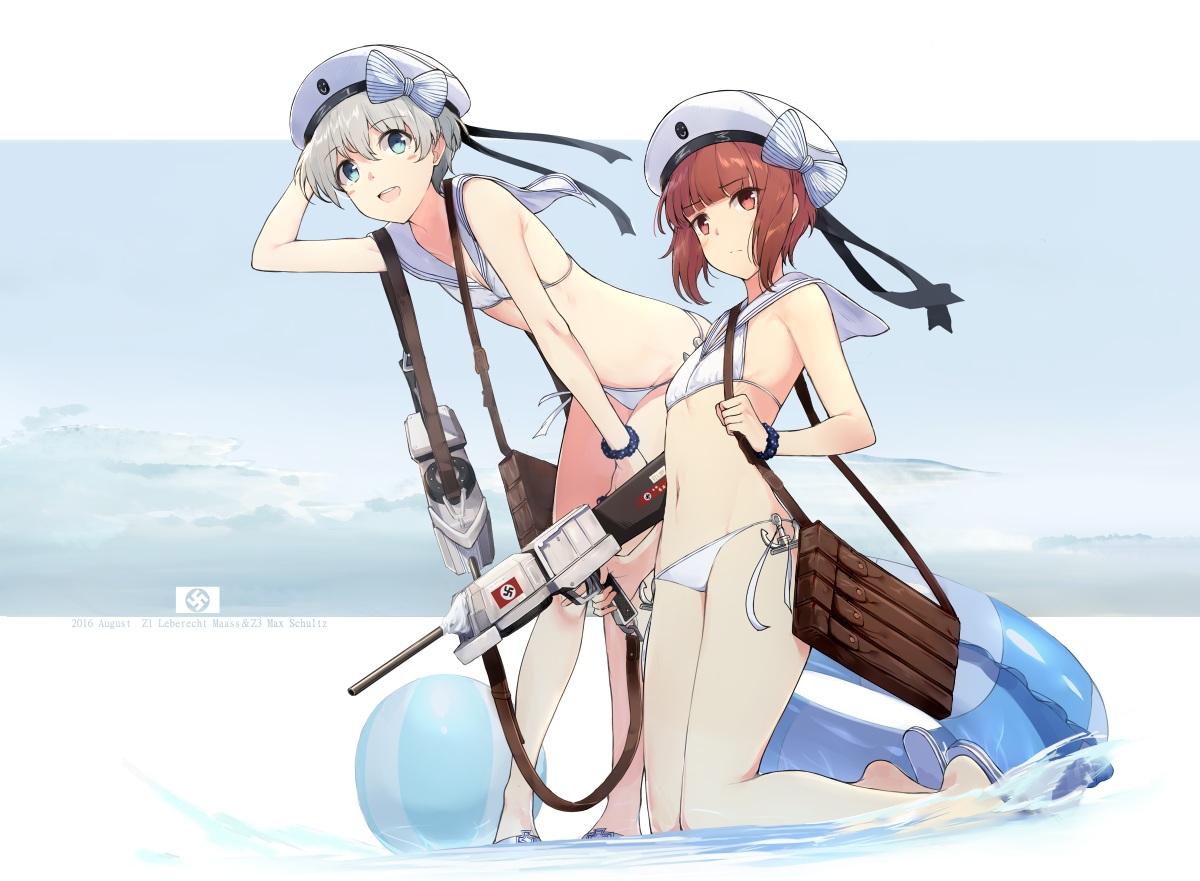 2girls, aliasing, anthropomorphism, aqua_eyes, ball, bikini, bow, brown_eyes, brown_hair, flat_chest, green_hair, gun, hat, kantai_collection, navel, ribbons, school_uniform, short_hair, swim_ring, swimsuit, touzai_(poppin_phl95), water, weapon, z1_leberecht_maass_(kancolle), z3_max_schultz_(kancolle)