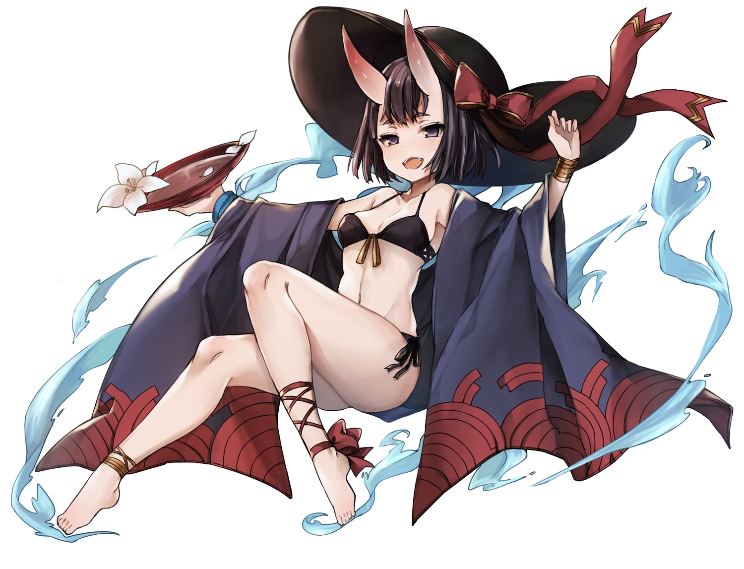 aliasing, barefoot, bikini, black_eyes, black_hair, bow, breasts, cleavage, demon, drink, fang, fate/grand_order, fate_(series), flowers, hat, horns, magic, navel, ribbons, ryuuji_teitoku, sake, short_hair, shuten_douji_(fate), swimsuit, white, wristwear