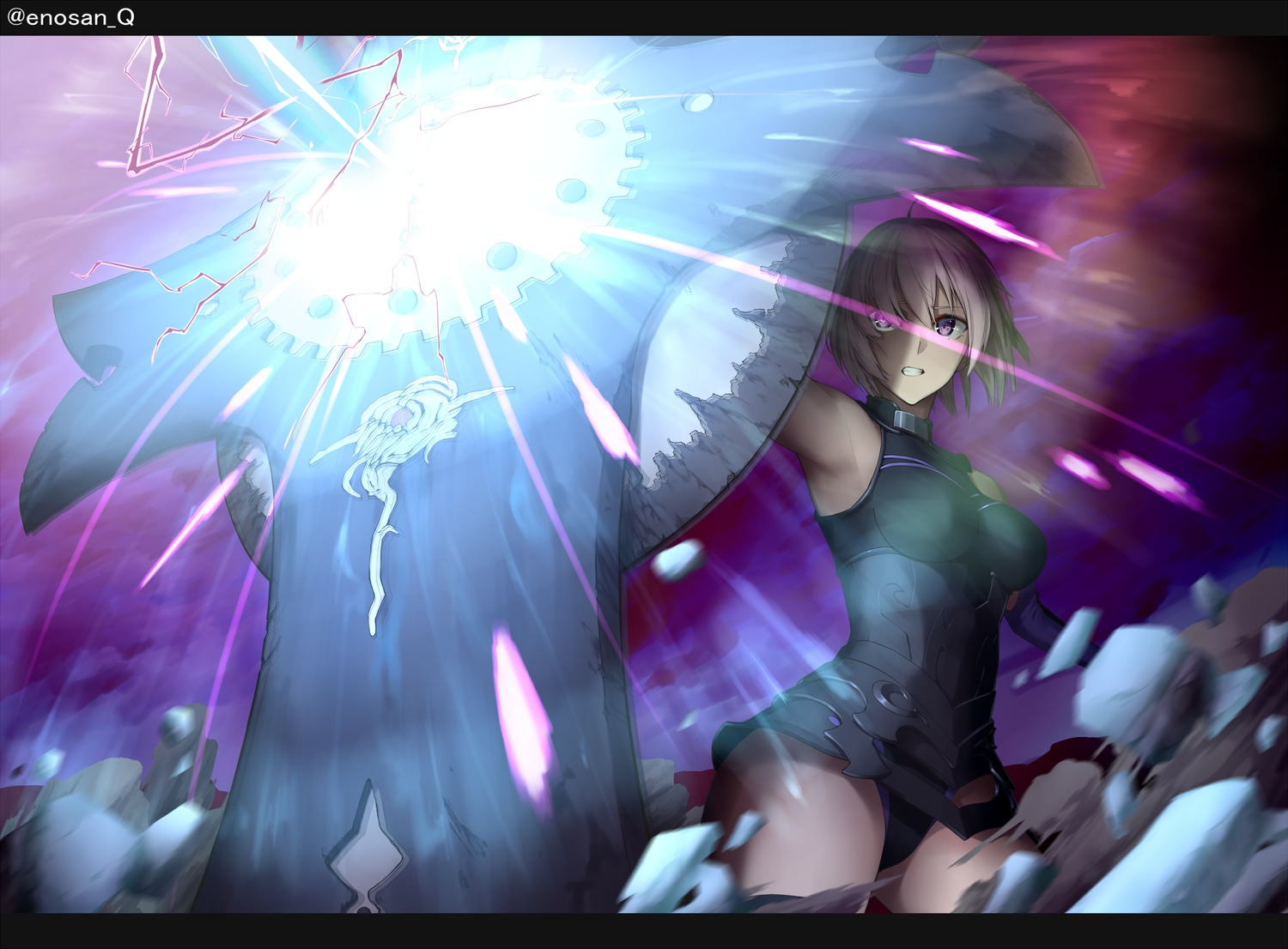 armor, bodysuit, breasts, elbow_gloves, enosan_q, fate/grand_order, fate_(series), gloves, magic, mash_kyrielight, purple_eyes, purple_hair, short_hair, watermark