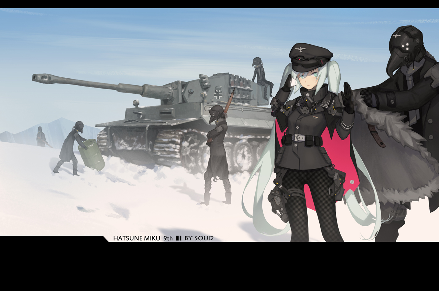 combat_vehicle, gun, hatsune_miku, jiaoshouxingfa, mask, military, snow, uniform, vocaloid, weapon