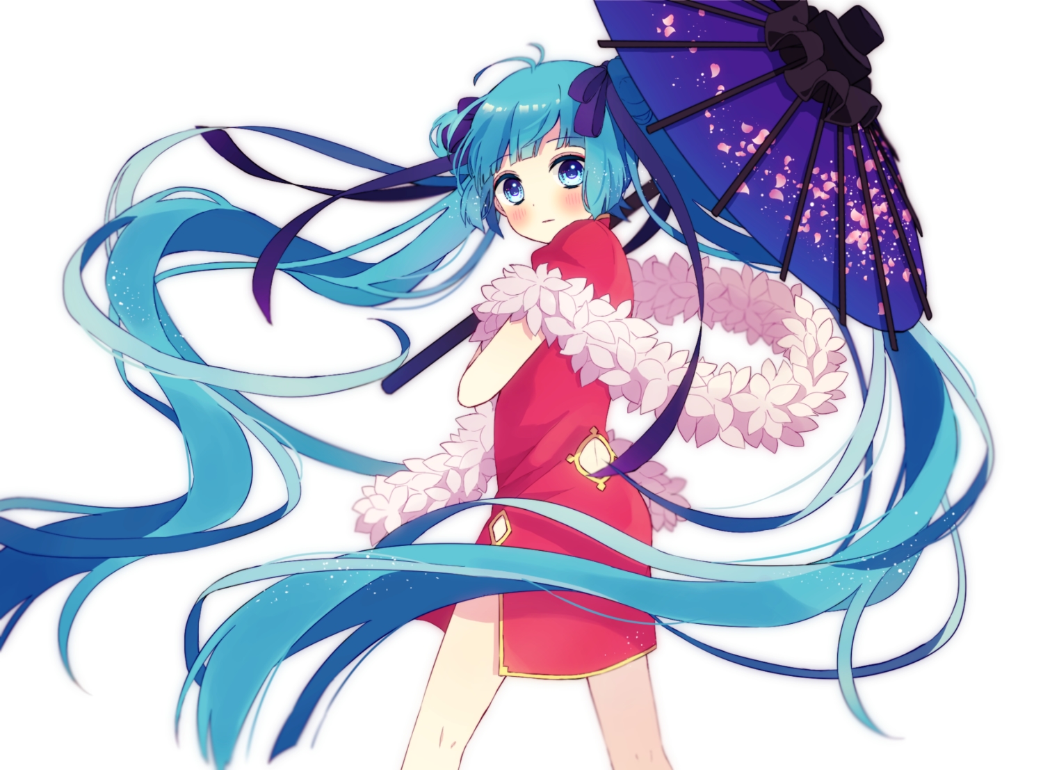 64hijiki, aqua_eyes, aqua_hair, chinese_clothes, chinese_dress, dress, hatsune_miku, long_hair, ribbons, twintails, umbrella, vocaloid