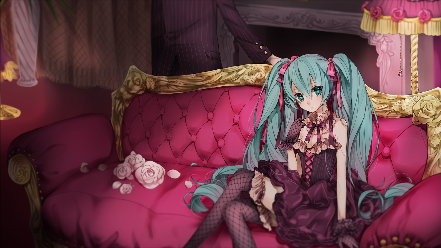 aqua_eyes, aqua_hair, collar, couch, flowers, goth-loli, hatsune_miku, lolita_fashion, long_hair, marchen_noir, rose, stockings, thighhighs, twintails, vocaloid