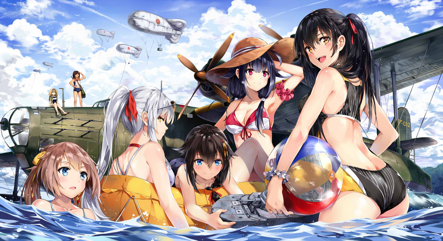 anthropomorphism, aqua_eyes, ball, bikini, black_hair, blush, brown_hair, group, hat, i-26_(kancolle), i-401_(kancolle), kantai_collection, kazagumo_(kancolle), neko_(yanshoujie), ryuuhou_(kancolle), shigure_(kancolle), swimsuit, tagme_(character), taigei_(kancolle), water, white_hair