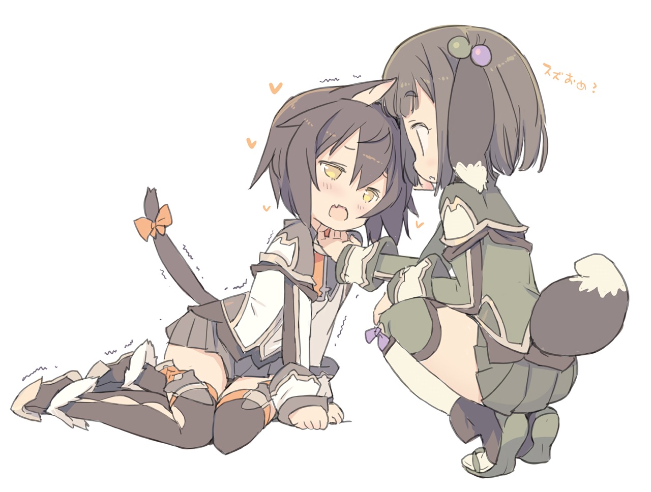 2girls, animal_ears, black_hair, blade_(galaxist), blush, brown_hair, catgirl, doggirl, fang, knife, pop-up_story, renge_miyamoto, school_uniform, short_hair, suzuna_isurugi, tail, thighhighs, waifu2x, weapon, yellow_eyes, zettai_ryouiki