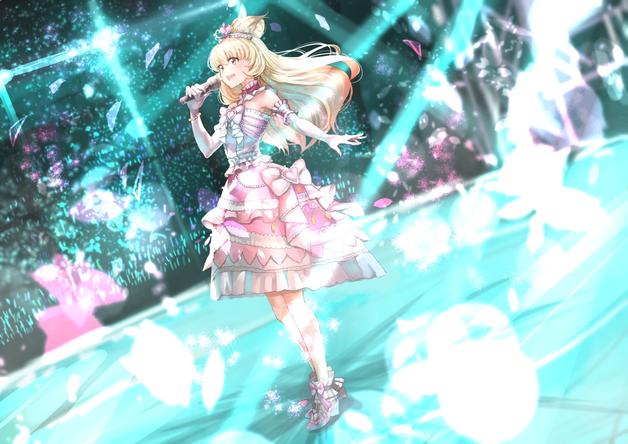 aikatsu!, blonde_hair, bow, collar, dress, elbow_gloves, gloves, koruse, lolita_fashion, long_hair, microphone, shiratori_hime, tiara, wristwear