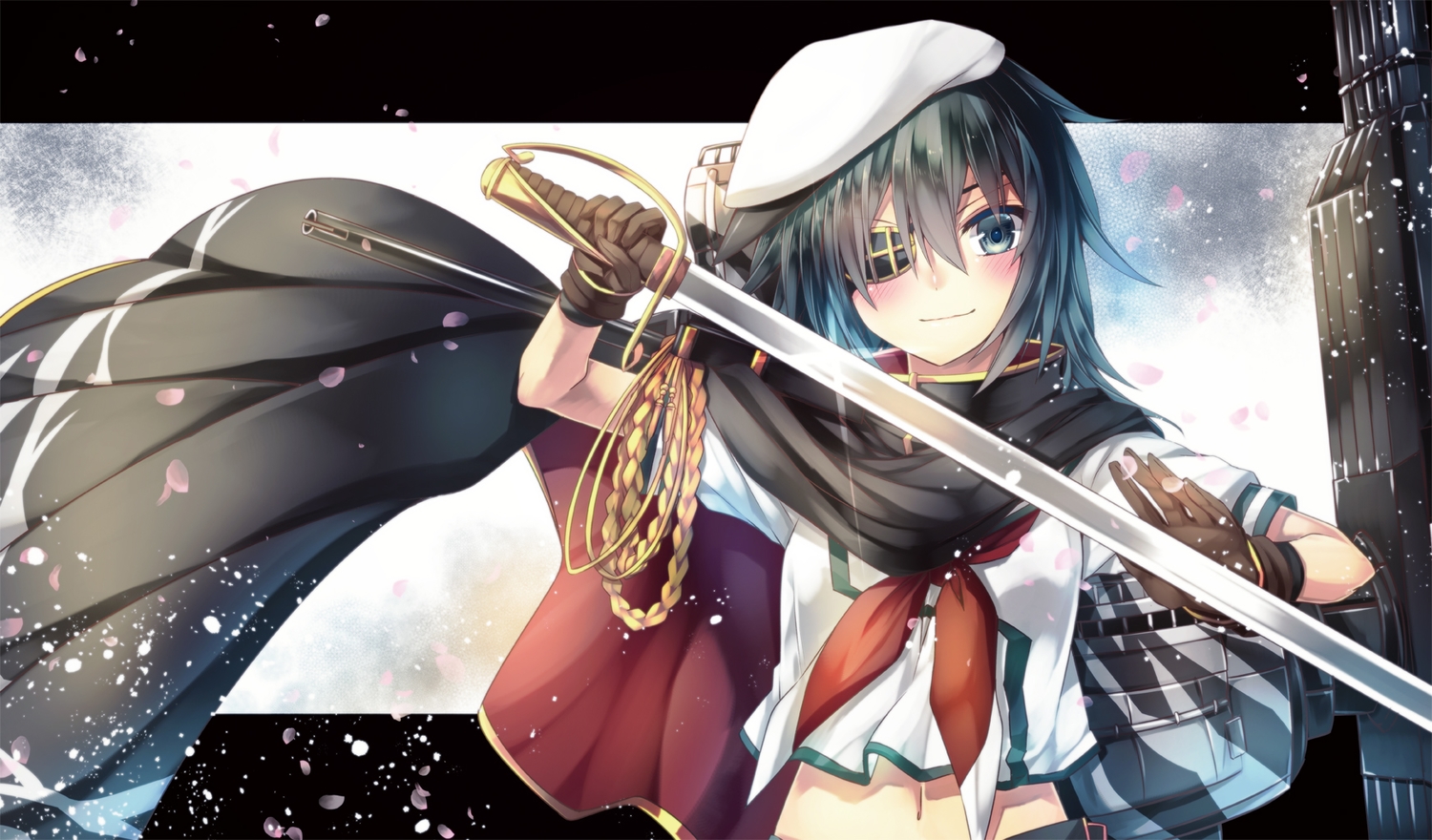 anthropomorphism, blush, cape, eyepatch, gloves, hat, kantai_collection, kiso_(kancolle)