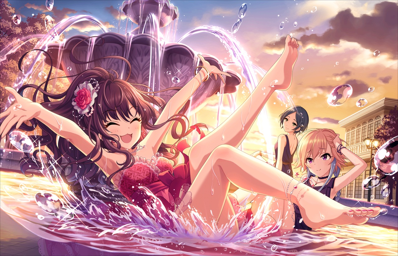 annin_doufu, barefoot, cat_smile, hayami_kanade, ichinose_shiki, idolmaster, idolmaster_cinderella_girls, ninomiya_asuka, sunset, water
