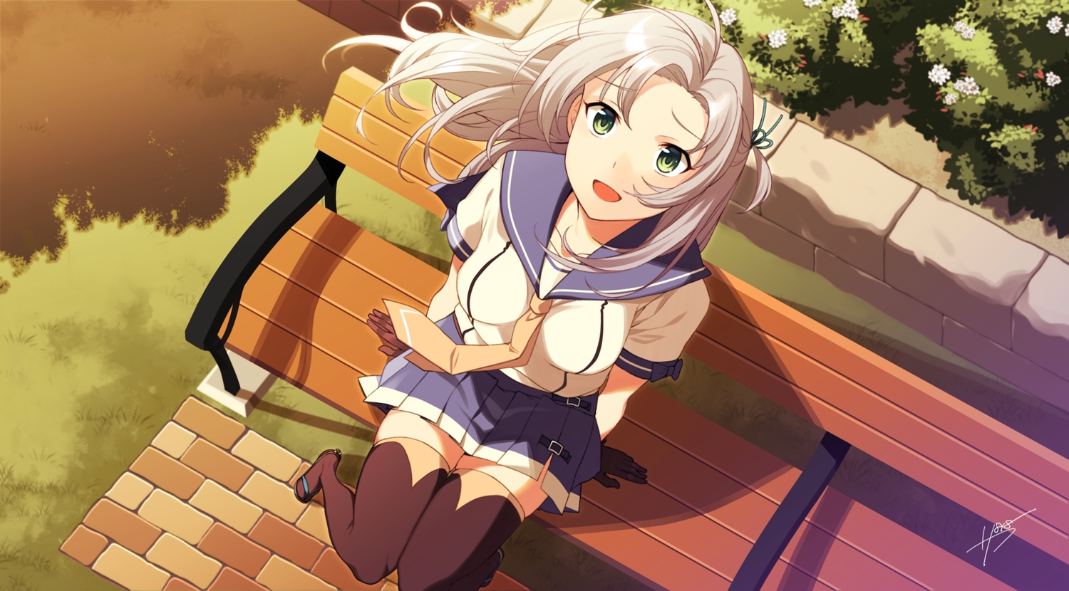 anthropomorphism, gloves, grass, gray_hair, green_eyes, kantai_collection, kinugasa_(kancolle), long_hair, sahuyaiya, school_uniform, sunset, thighhighs, zettai_ryouiki