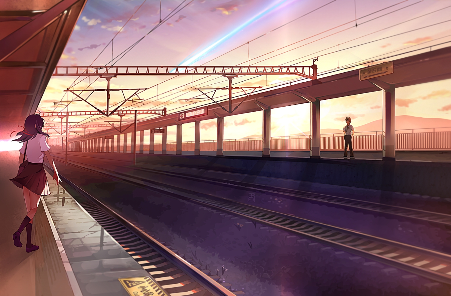 aliasing, clouds, kimi_no_na_wa, male, miyamizu_mitsuha, school_uniform, sky, sunset