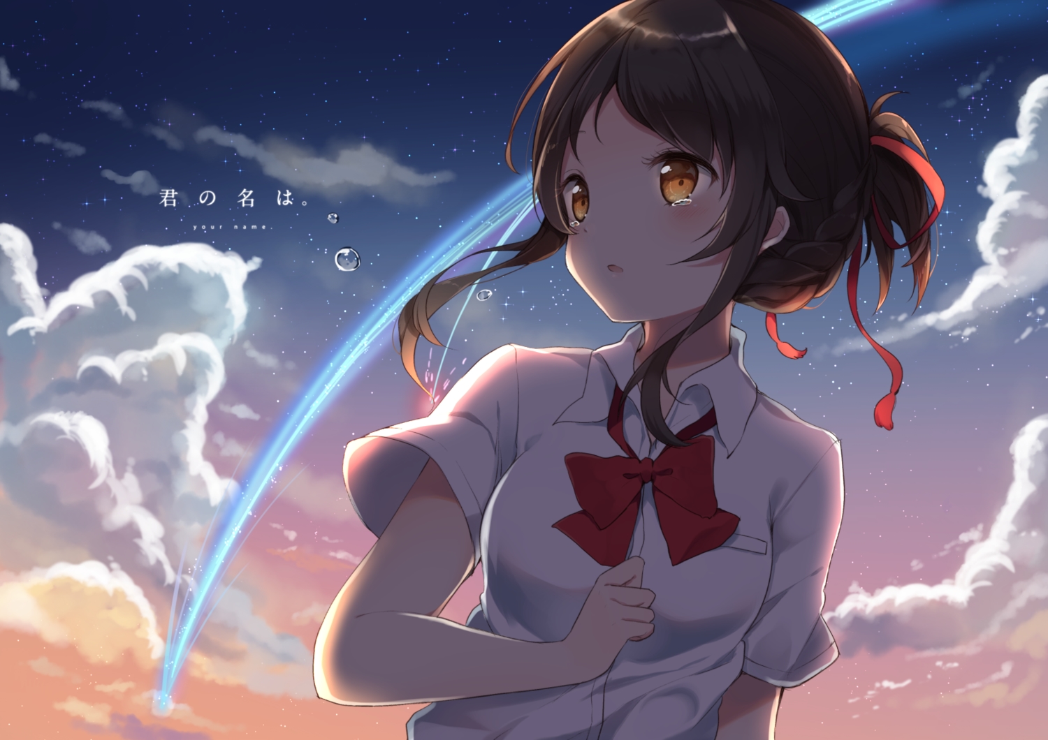 blush, bow, braids, brown_hair, clouds, kimi_no_na_wa, miyamizu_mitsuha, orange_eyes, ribbons, school_uniform, shiino_sera, sky, stars, sunset, tears