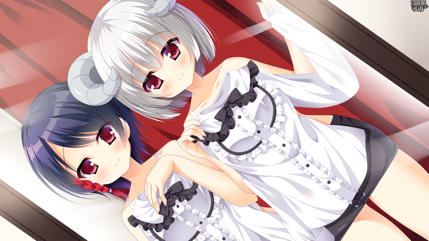 2girls, black_hair, blush, braids, kerberos_blade, red_eyes, short_hair, tagme_(character)
