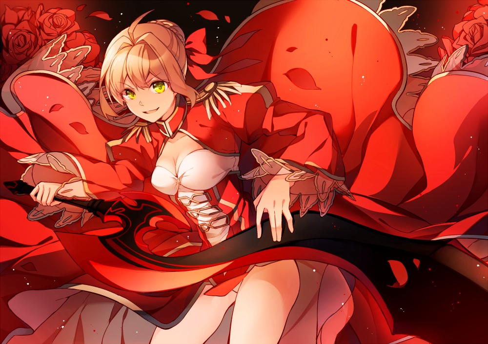 aliasing, blonde_hair, breasts, cleavage, dress, fate/extra, fate_(series), flowers, green_eyes, hizuki_miya, magic, nero_claudius_(fate), petals, red, ribbons, rose, sword, weapon