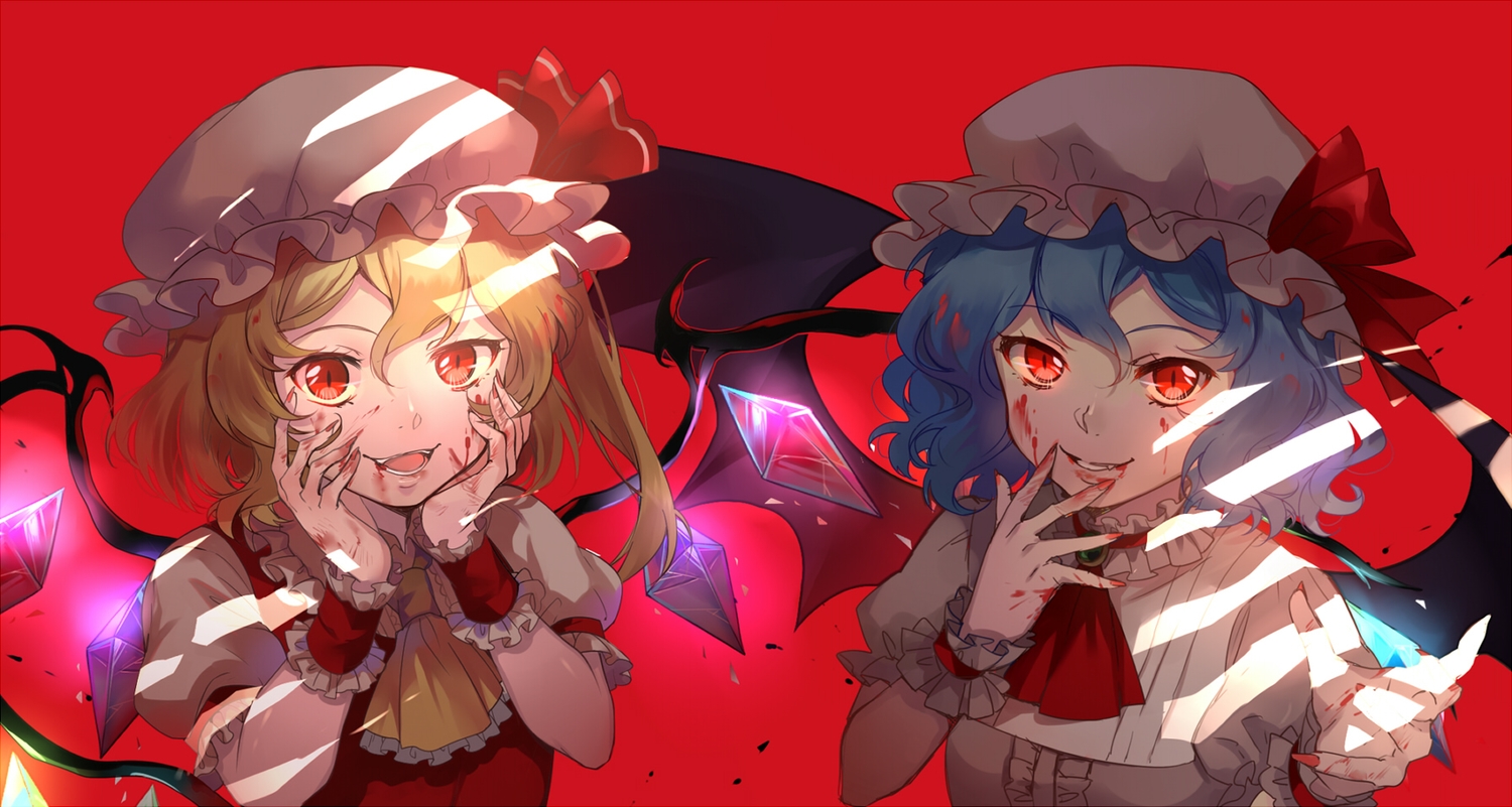 2girls, aqua_hair, blonde_hair, blood, ekira_nieto, ekita_kuro, fang, flandre_scarlet
