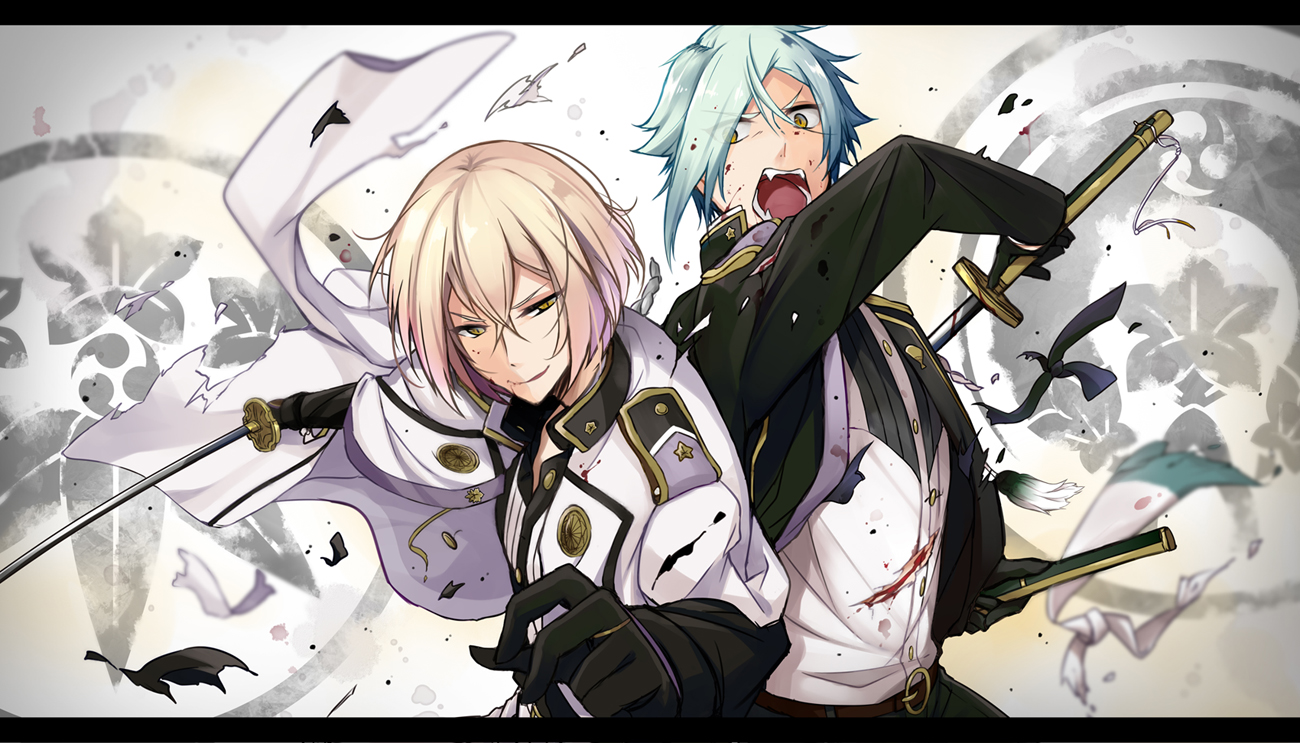 all_male, anthropomorphism, blonde_hair, blood, cape, fang, gloves, gray_hair, higekiri, hirai_yuzuki, hizamaru, katana, male, military, short_hair, sword, touken_ranbu, uniform, weapon, yellow_eyes