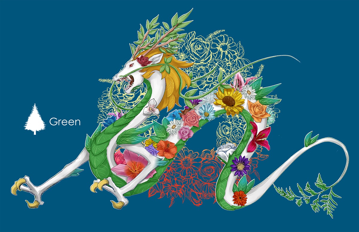 asano_ame, blue, dragon, flowers, leaves, original