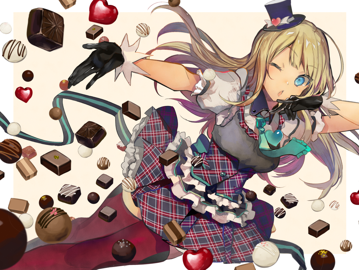 alessandra_suusu, aqua_eyes, blonde_hair, candy, chocolate, elbow_gloves, gloves, hat, headdress, long_hair, nozaki_tsubata, ribbons, thighhighs, tie, tokyo_7th_sisters, uniform, wink