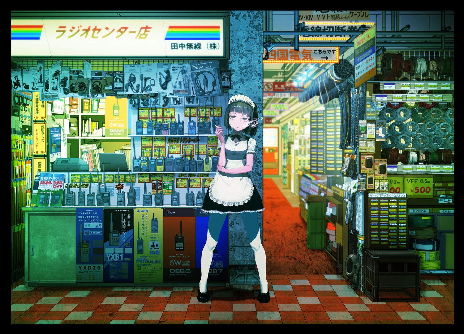 apron, black_eyes, black_hair, cigarette, headdress, industrial, maid, original, pantyhose, ponytail, rias-coast, short_hair, smoking