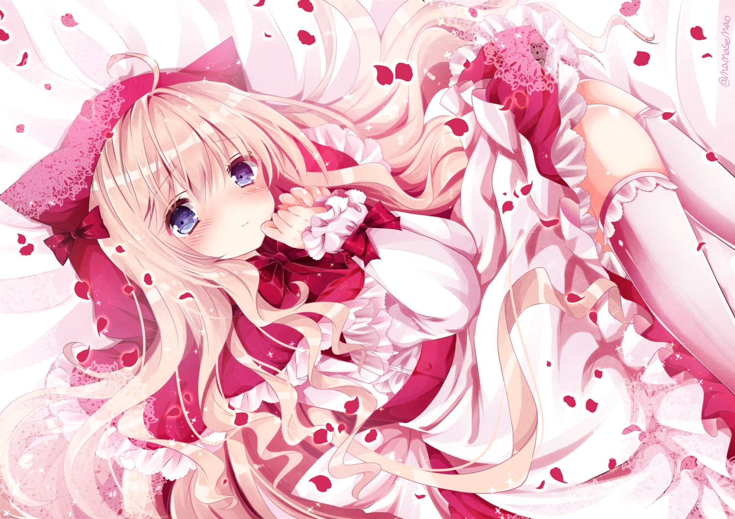 blonde_hair, blue_eyes, blush, headdress, hood, kneehighs, lolita_fashion, long_hair, nanase_nao, original, petals, signed, waifu2x