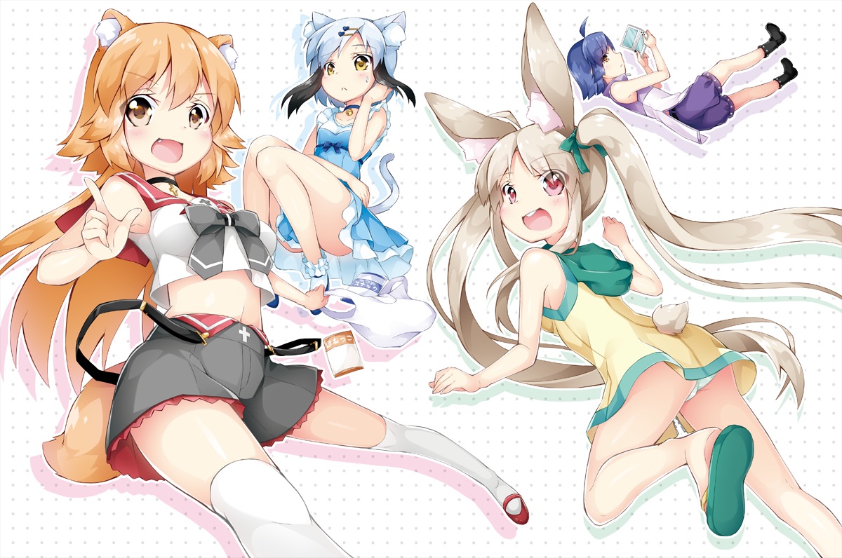 animal_ears, blonde_hair, blue_hair, boots, bunny_ears, bunnygirl, catgirl, choker