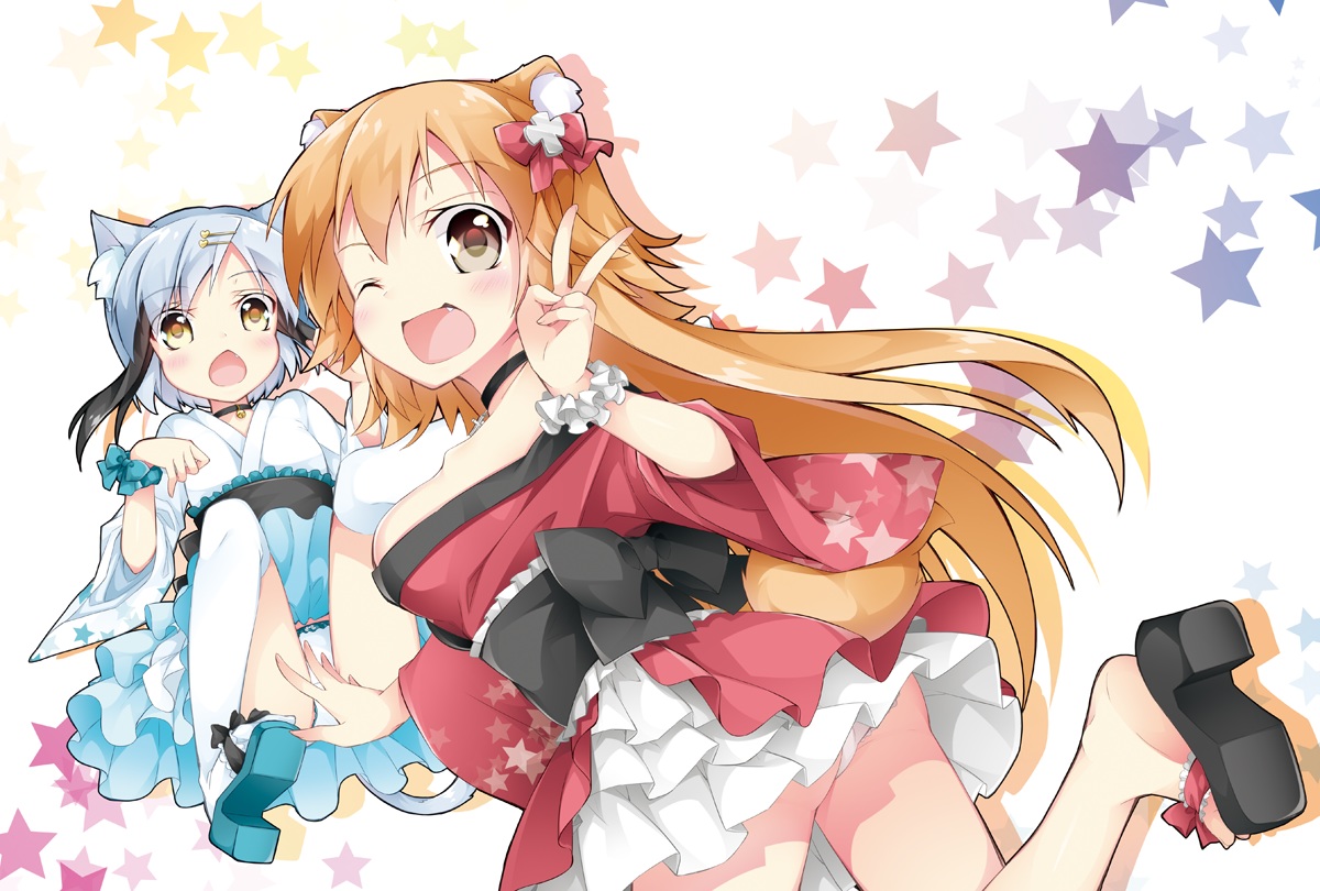 2girls, animal_ears, blonde_hair, breasts, catgirl, doggirl, inumine_aya, japanese_clothes