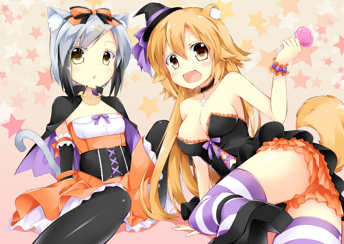 2girls, animal_ears, bow, breasts, candy, cape, catgirl, cleavage, collar, cross, doggirl, fang, foxgirl, halloween, hat, inumine_aya, lollipop, no_bra, original, stars, tail, thighhighs, wristwear