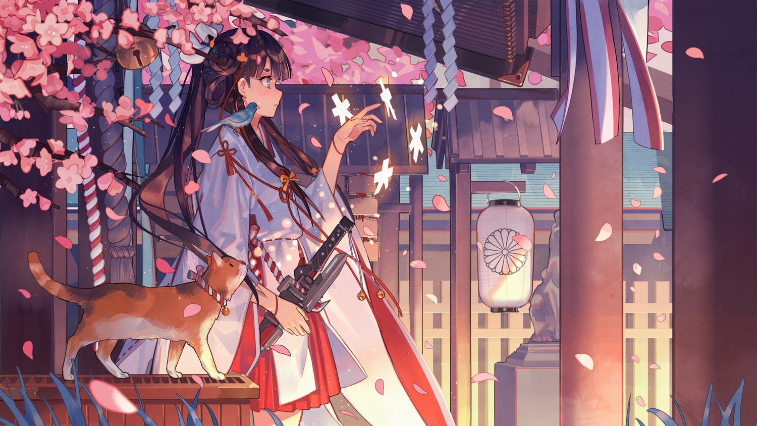 animal, aqua_eyes, bird, black_hair, building, cat, japanese_clothes, kimono, long_hair, petals, ribbons, sword, weapon, zicai_tang