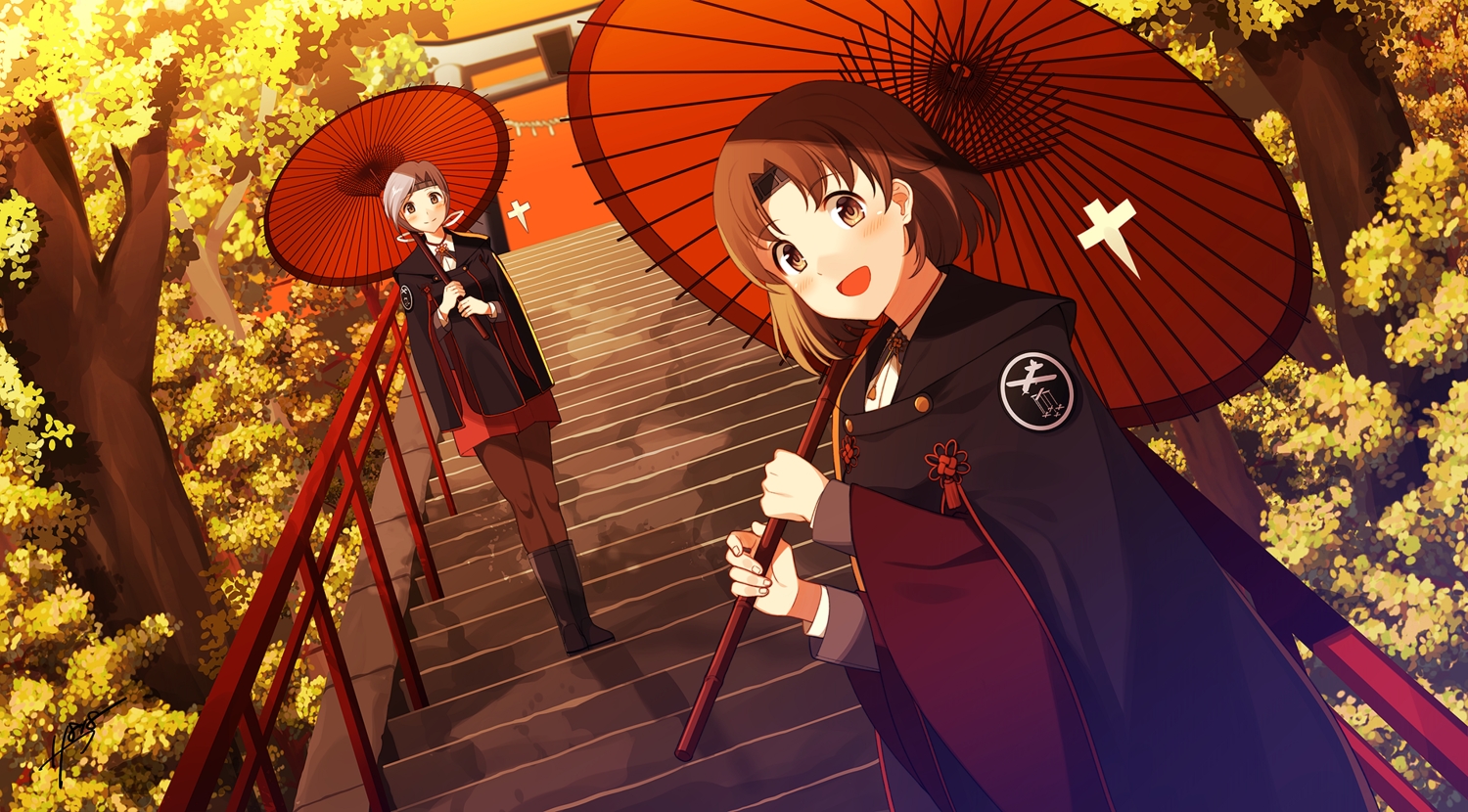 2girls, anthropomorphism, blush, boots, brown_eyes, brown_hair, chitose_(kancolle), chiyoda_(kancolle)
