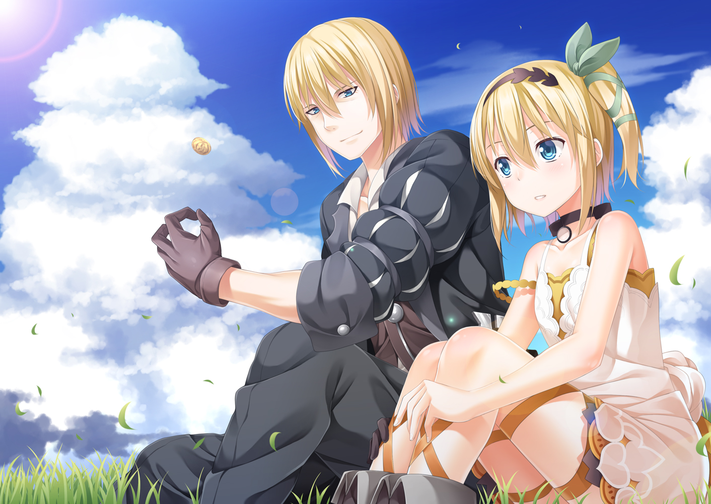 aliasing, blue_eyes, blush, brown_hair, clouds, dress, edna_(zestiria), eizen_(zestiria), gloves, grass, male, ribbons, short_hair, sky, tales_of_zestiria, yuuri_nayuta