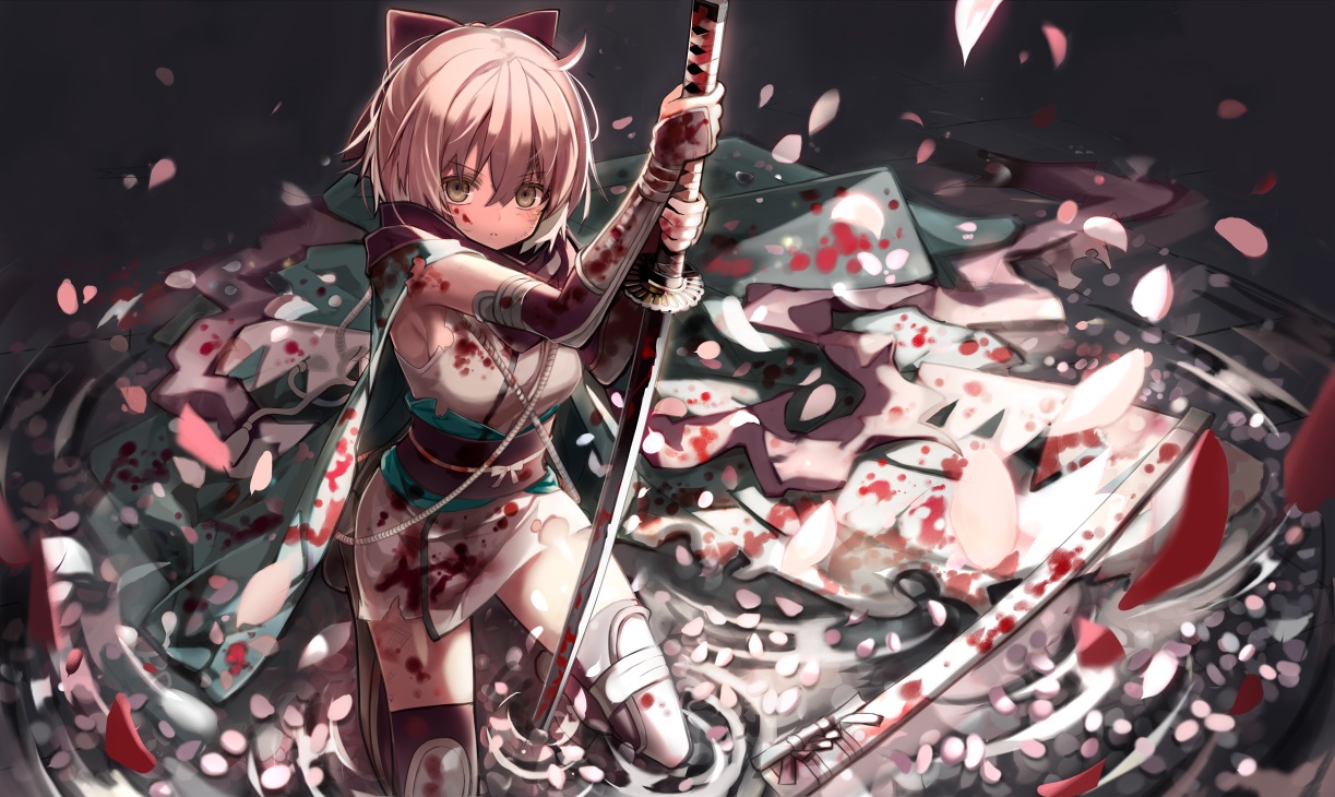 blonde_hair, blood, fate/grand_order, fate_(series), japanese_clothes, katana, okita_souji_(fate), petals