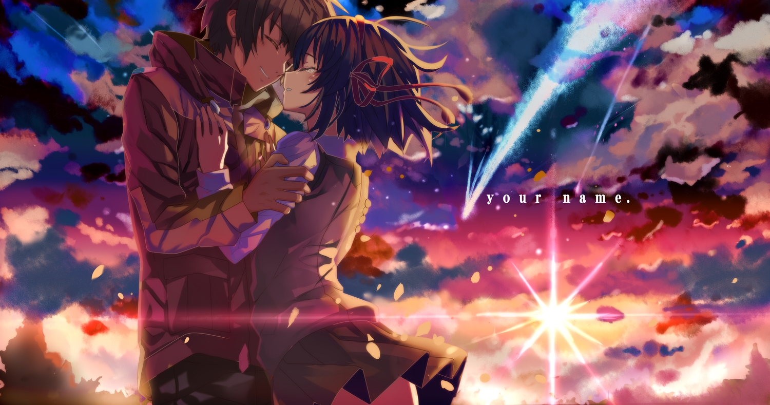 black_hair, blonde_hair, clouds, kimi_no_na_wa, male, miyamizu_mitsuha, ribbons, school_uniform