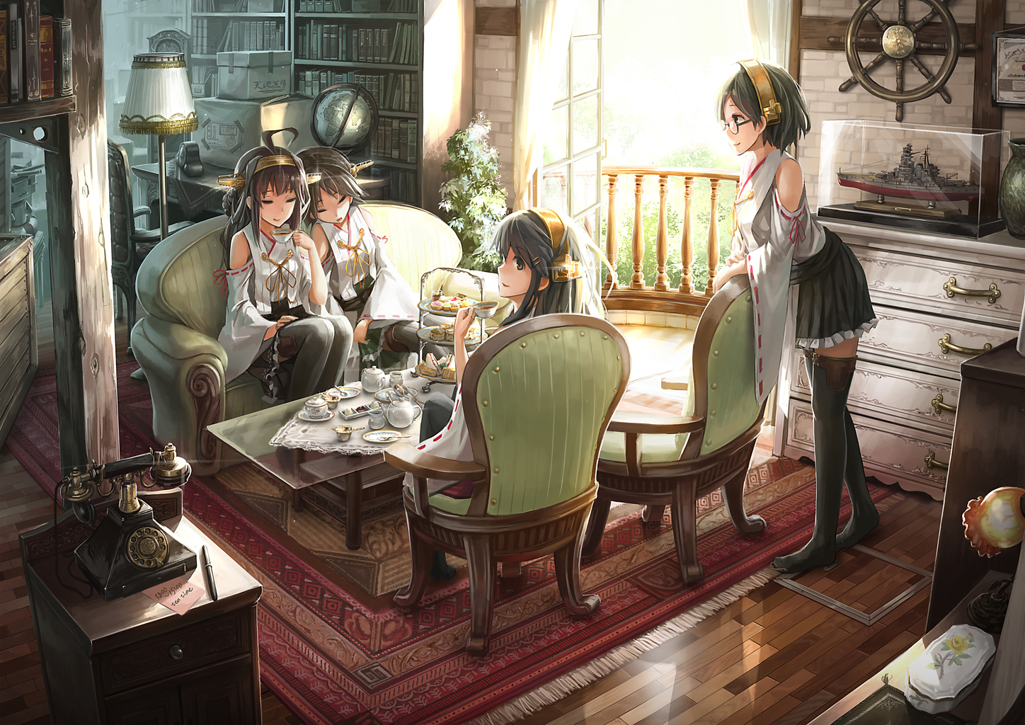 anthropomorphism, black_hair, book, brown_eyes, brown_hair, candy, drink, food
