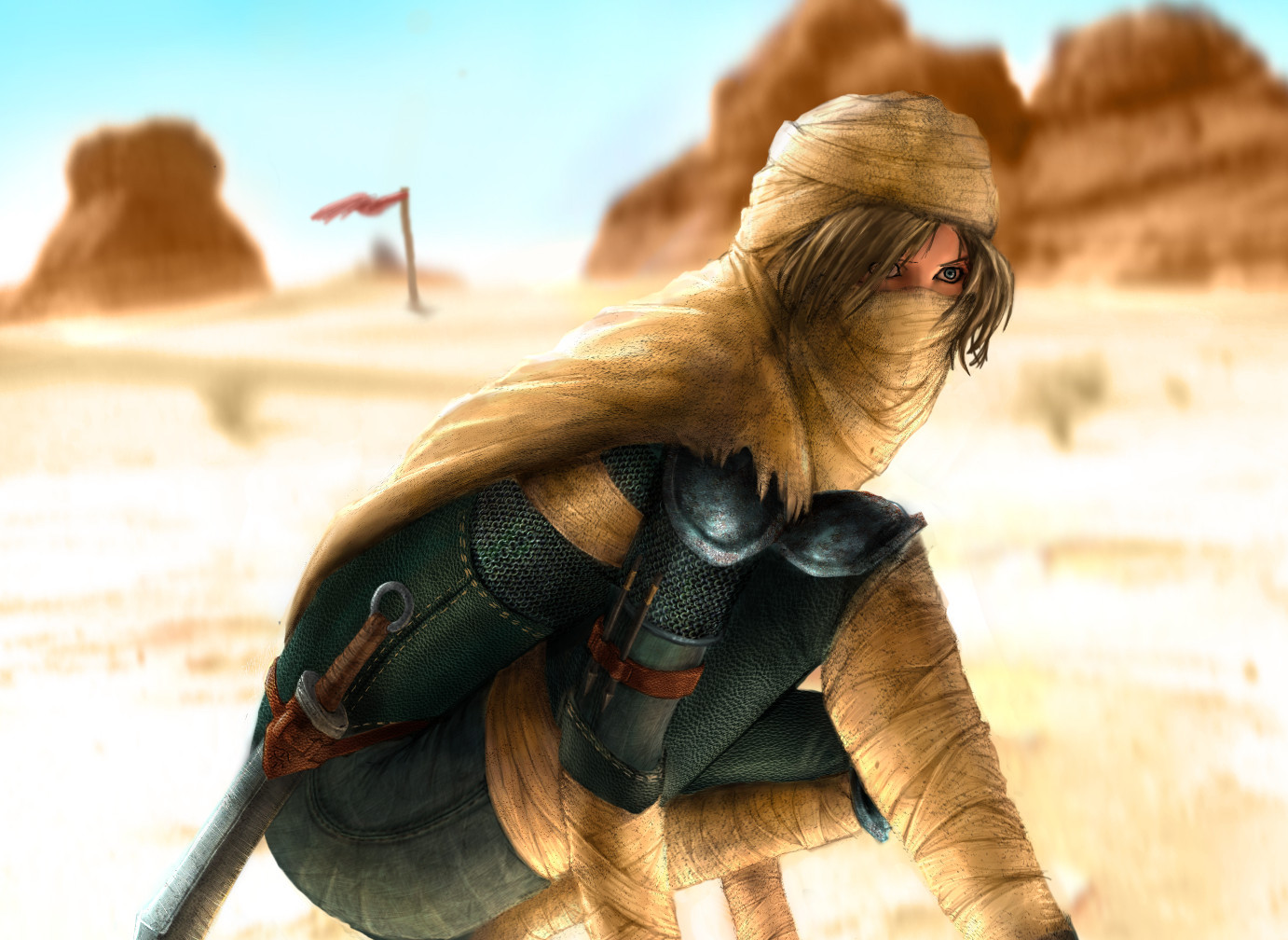 blonde_hair, blue_eyes, desert, realistic, sheik, short_hair, super-fergus, the_legend_of_zelda