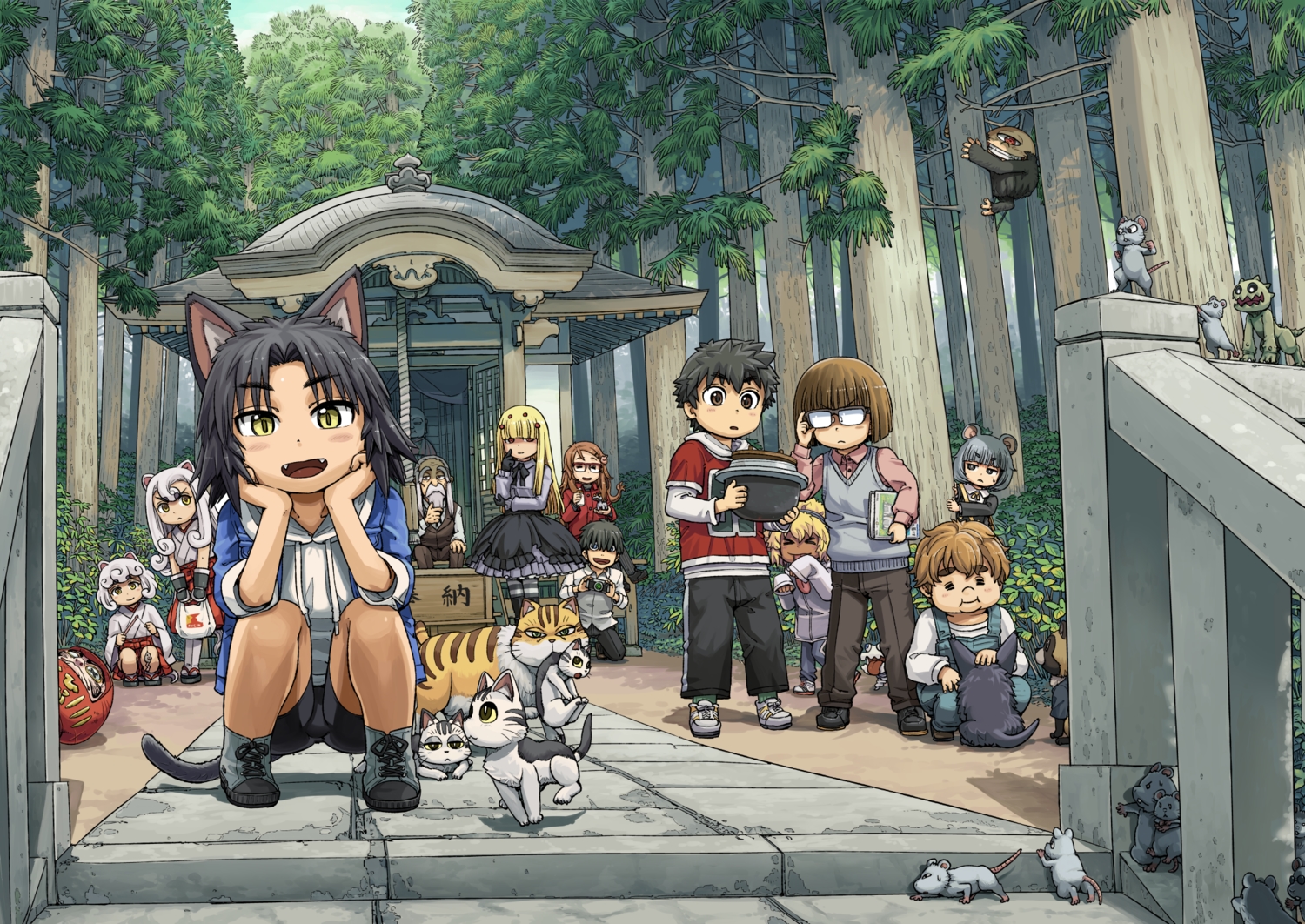 akaname_(neko_musume_michikusa_nikki), bakenezumi, group, hinata_daiki, hoshino_hajime_(neko_musume_michikusa_nikki), ike_(altitude_attitude), jorogumo_(neko_musume_michikusa_nikki), kappa_(neko_musume_michikusa_nikki), koma_(neko_musume_michikusa_nikki), kurona_(neko_musume_michikusa_nikki), kutchii, loli, male, neko_musume_michikusa_nikki, shishimaru_(neko_musume_michikusa_nikki), shrine, tengu_(neko_musume_michikusa_nikki), toda_mitsuru