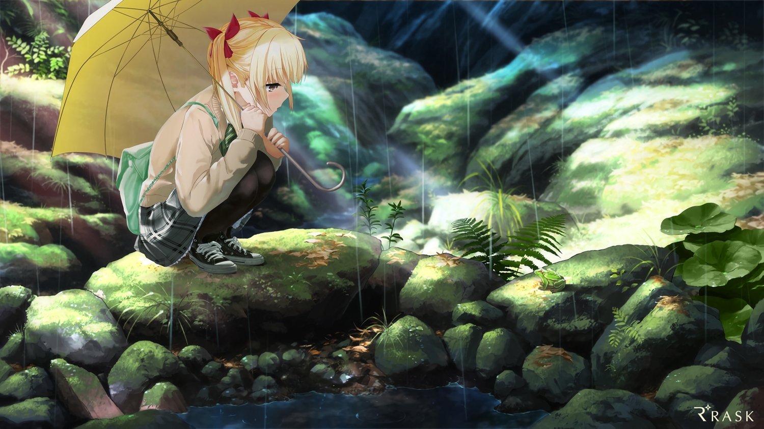 animal, blonde_hair, frog, green, kaizou_momo, leaves, mocha_(cotton), rain, re:lief_~shin'ai_naru_anata_e~, skirt, sport, umbrella, waifu2x, water, yellow_eyes