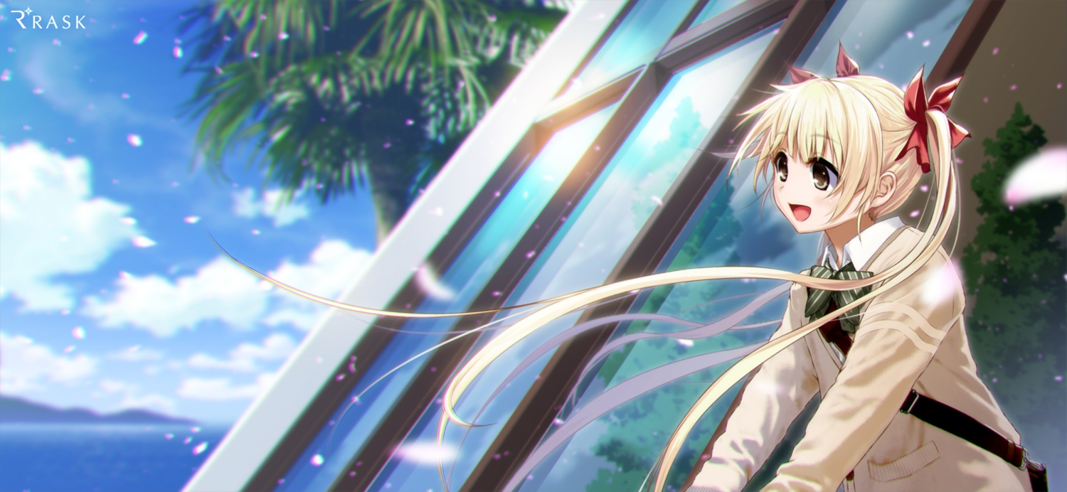 blonde_hair, bow, brown_eyes, clouds, kaizou_momo, long_hair, mocha_(cotton), petals, re:lief_~shin'ai_naru_anata_e~, school_uniform, twintails, waifu2x