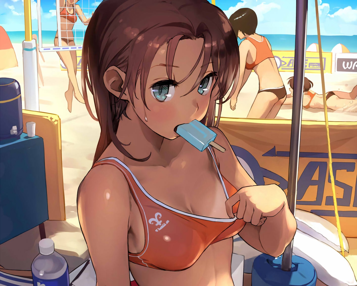 aqua_eyes, beach, breasts, brown_hair, cleavage, close, cropped, drink, food, ice_cream, original, popsicle, sport, tan_lines, tetsuo_(amenohutikoma), volleyball