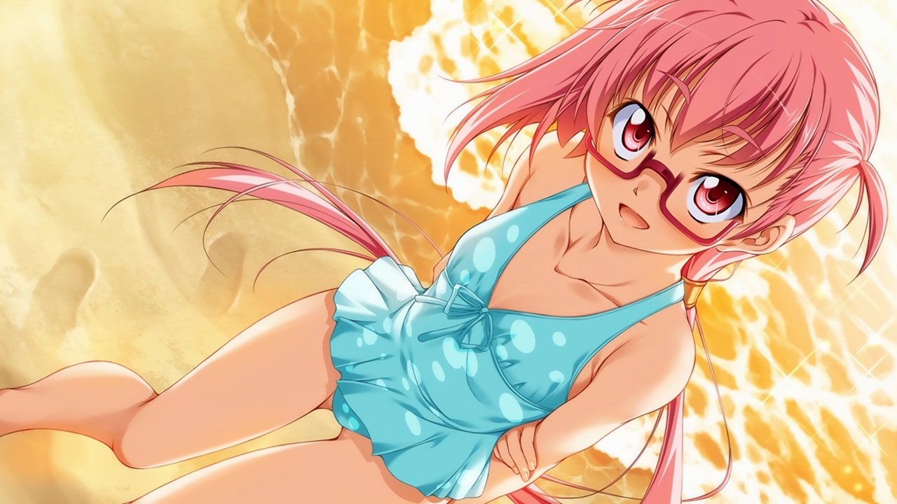 amari_na_bemube_beruberu, beach, game_cg, glasses, long_hair, red_eyes, red_hair, swimsuit