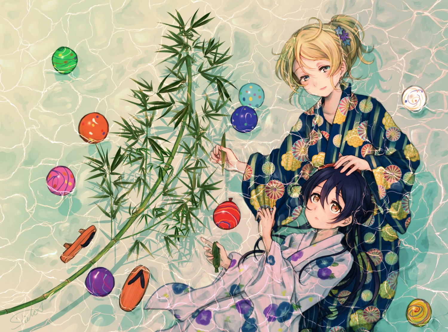 ayase_eri, blonde_hair, blue_eyes, blue_hair, brown_eyes, japanese_clothes, long_hair, love_live!_school_idol_project
