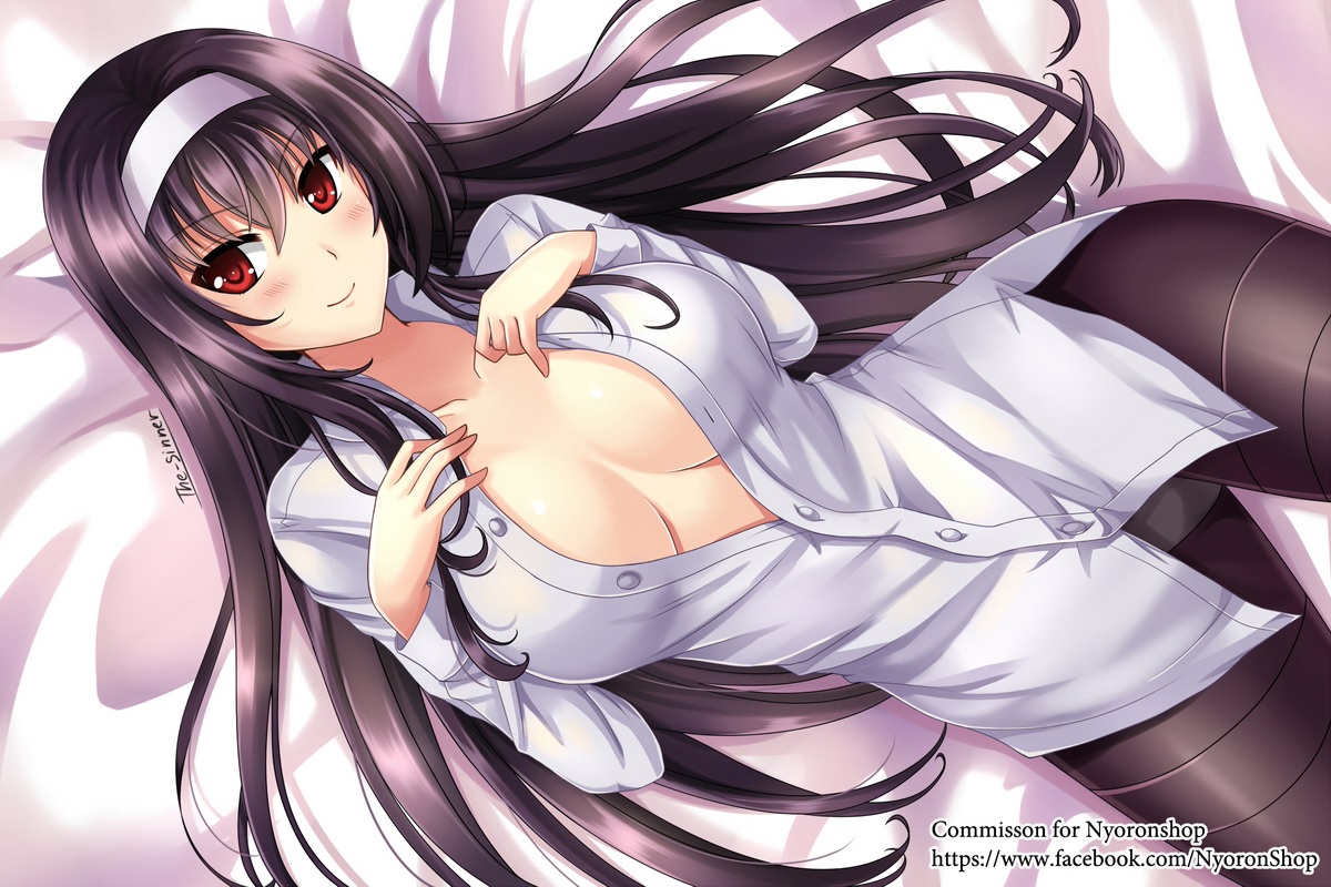black_hair, blush, breasts, headband, kasumigaoka_utaha, long_hair, no_bra, open_shirt, pantyhose, red_eyes, saenai_heroine_no_sodatekata, shirt, signed, the-sinner, watermark