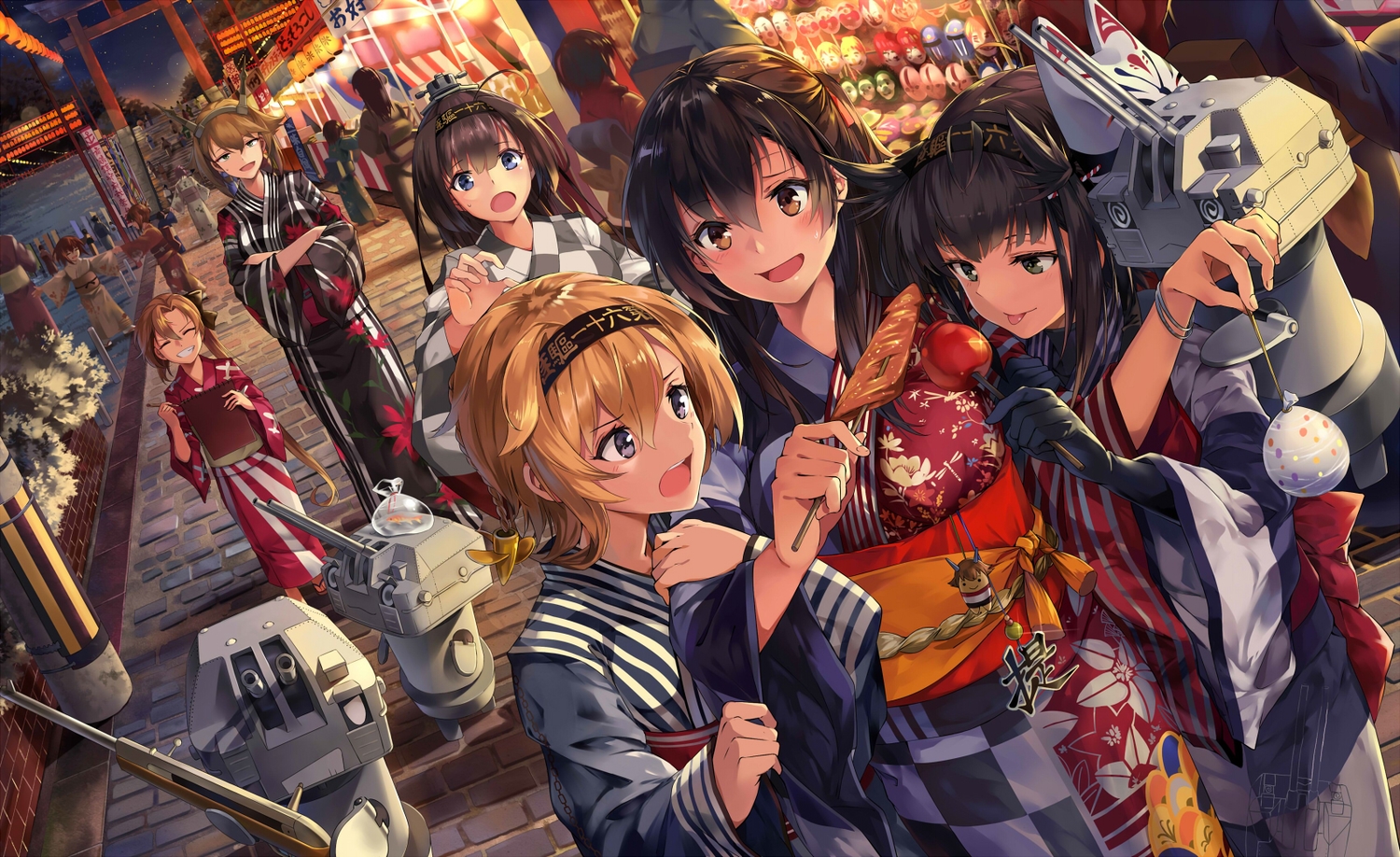 akigumo_(kancolle), akizuki_(kancolle), aliasing, animal, anthropomorphism, apple, blue_eyes, brown_eyes