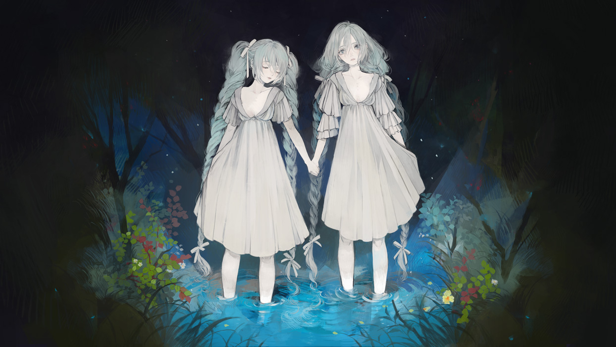 braids, breasts, cleavage, dress, flowers, forest, grass, hatsune_miku, jpeg_artifacts, leaves, long_hair, nekosuke_(oxo), no_bra, tree, twintails, vocaloid, water