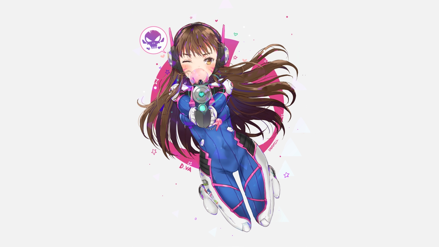 blush, bodysuit, brown_hair, candy, dangmill, d.va, gloves, gun