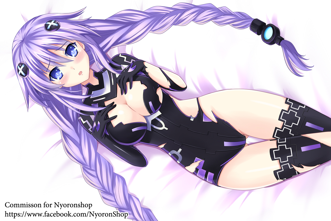 blue_eyes, blush, bodysuit, braids, breasts, cleavage, hyperdimension_neptunia, long_hair, neptune, purple_hair, purple_heart, the-sinner, thighhighs, torn_clothes, twintails, watermark