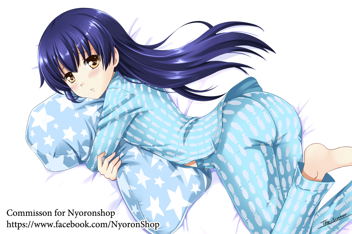 ass, barefoot, blue_hair, blush, long_hair, love_live!_school_idol_project, pajamas, signed