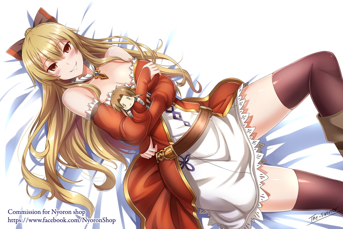 blonde_hair, blush, bow, dress, granblue_fantasy, long_hair, red_eyes, signed