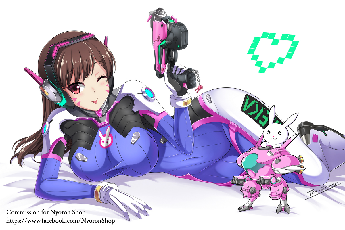 animal, bodysuit, breasts, brown_hair, bunny, d.va, gloves, headphones, long_hair, overwatch, signed, the-sinner, watermark, weapon