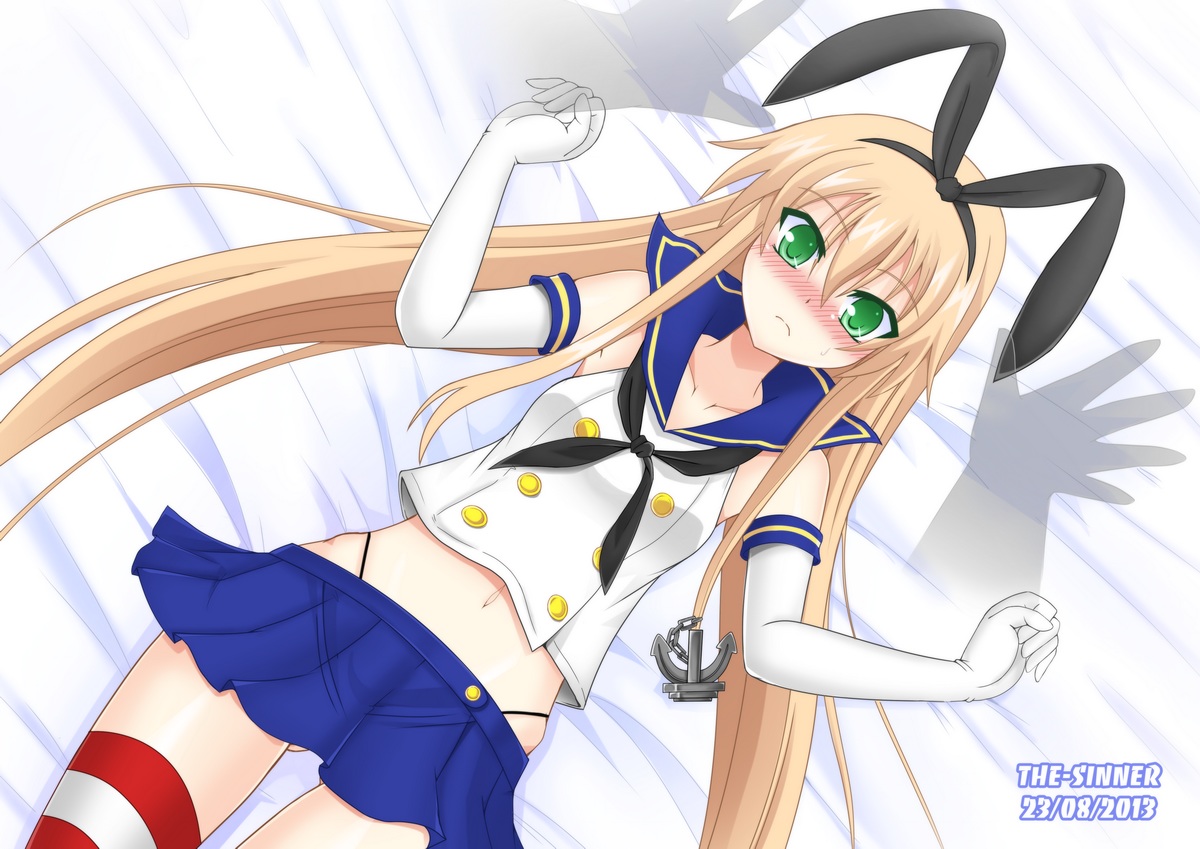 anthropomorphism, blonde_hair, blush, elbow_gloves, gloves, green_eyes, kantai_collection, long_hair